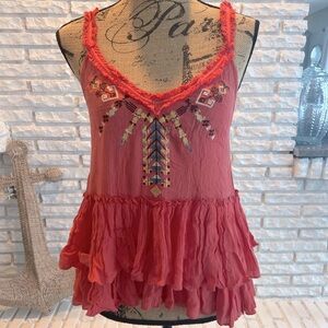 Free People Meadow Ballerina Frayed Coral Embroidered Peplum Top Sz XS